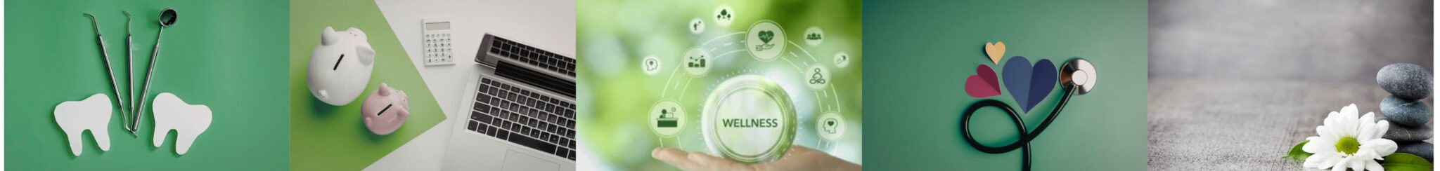Green and grey images of various wellness activities, such as a teeth, a stethoscope and a calculator